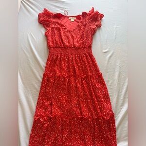 Jessica Simpson Red Floral Tiered Midi Dress with Smocked Waist